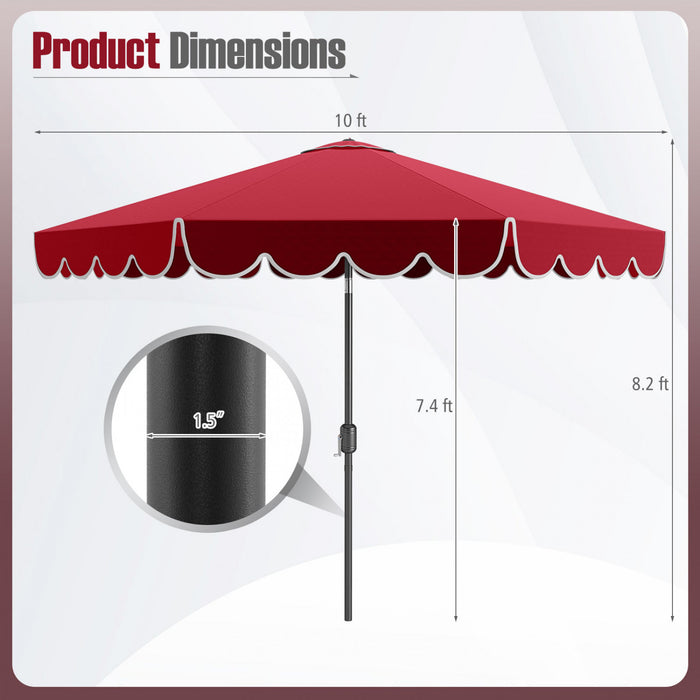 Costway 10 FT Patio Umbrella with Crank Tilt Adjustment Ruffles Vented Top 8 Ribs Red