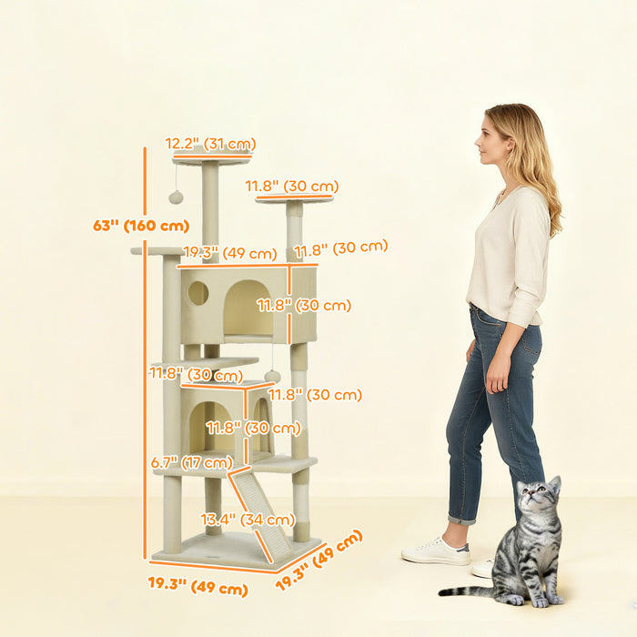 PawHut 63\" Cat Tree, Cat Tower for Indoor Cats with Scratching Posts, Cat Condos, Bed, Platforms, Ramp, Toy Ball, Cat Activity Center, Cream White