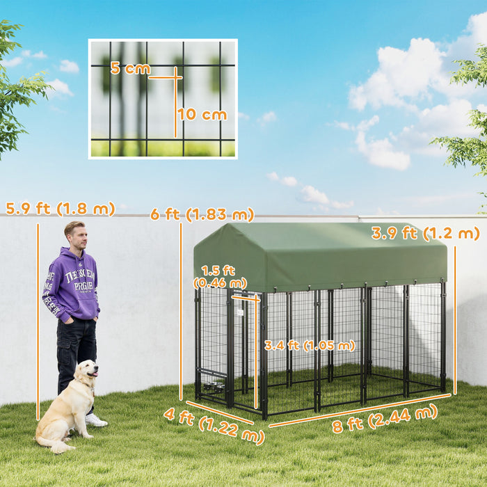 PawHut Outdoor Dog Kennel, Run, Large Wire Steel Fence, Lockable Pet Playpen Enclosure, with Water-, UV-Resistant Canopy Top, Door, Rotating Bowl Holders, 8ft x 4ft x 6ft, Green