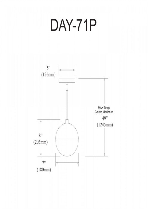 Dainolite Dayana 1 Light Pendant Antique Brass Finish White Glass Lamp
