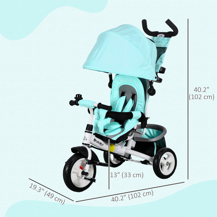 Qaba 6 In 1 Toddler Tricycle, Kids Trike With Foldable Canopy, Removable Parent-push Handle And Cover, Storage Basket, 5-point Safety Belt, For Child 1-5 Years, Green