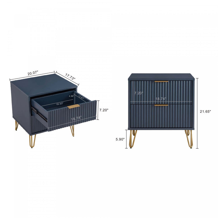 Dumbo Modern 20\" Fluted Nightstand in Midnight Blue (2-Drawer) - Set of 2