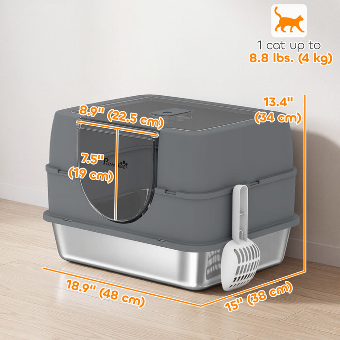 PawHut Stainless Steel Cat Litter Box with Lid, High Sided Enclosed Litter Box with Removable Lid, Tray, Scoop, Easy to Clean, Odor Control, Anti-Leakage, Grey