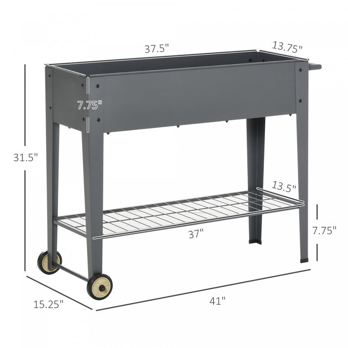 Outsunny 41\" X 15\" X 32\" Elevated Planter Box With Legs Raised Garden Bed Elevated With 2 Wheels, Bottom Shelf For Storing Tools, & Water Drainage Hole, Grey
