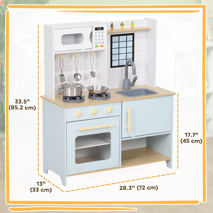 Qaba Play Kitchen, Kids Kitchen Playset With Stove Microwave Oven Turning Knobs, Pretend Play Kitchen With Cooking Accessories, Gift For Boys And Girls Aged 3+ Years