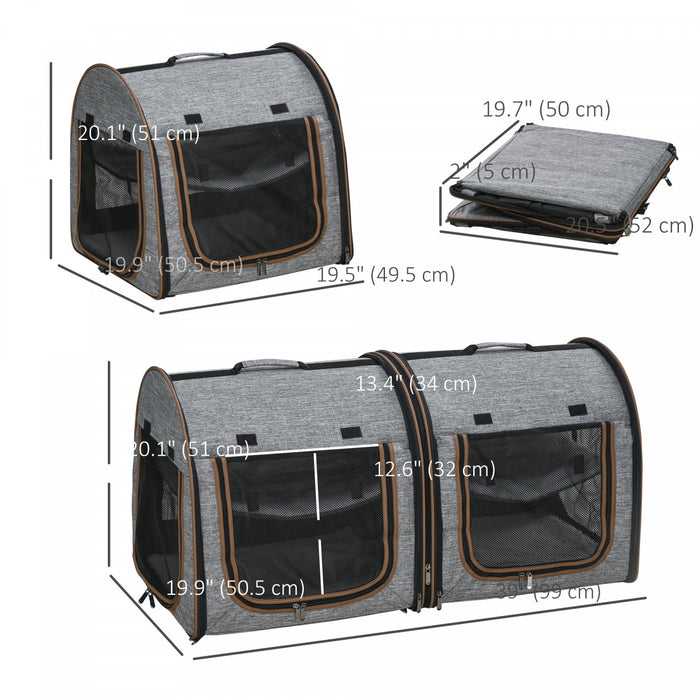 PawHut 39\" Travel Pet Carrier, Portable Soft-Sided Cat Carrier with Divider, Two Compartments, Soft Cushions & Storage Bag, Grey