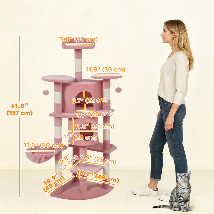 PawHut Cat Tree, 62\" Multi-Level Cat Tower with Scratching Posts, 2 Condos, Hammock, Perches, Plush, Pompoms, for Indoor Kittens Playing, Resting, Sleeping, Pink
