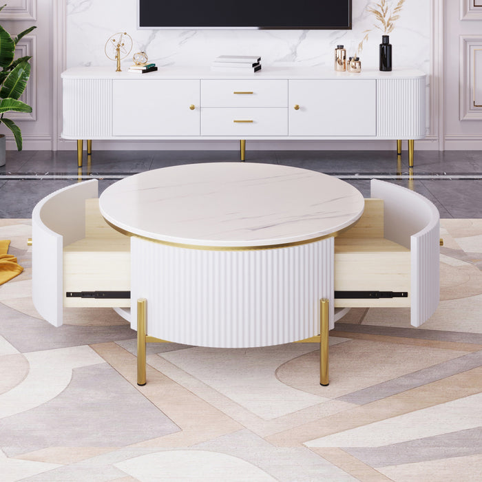 Nelson 31.5\" Modern Round Coffee Table With 2 Storage Drawers, White