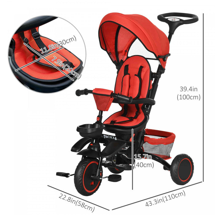 Aosom 6-in-1 Toddler Tricycle, Kids Trike With Rotatable Seat, Adjustable Push Handle, Safety Harness, Detachable Canopy, Semi-reclining Footrest, For 12-50 Months, Red