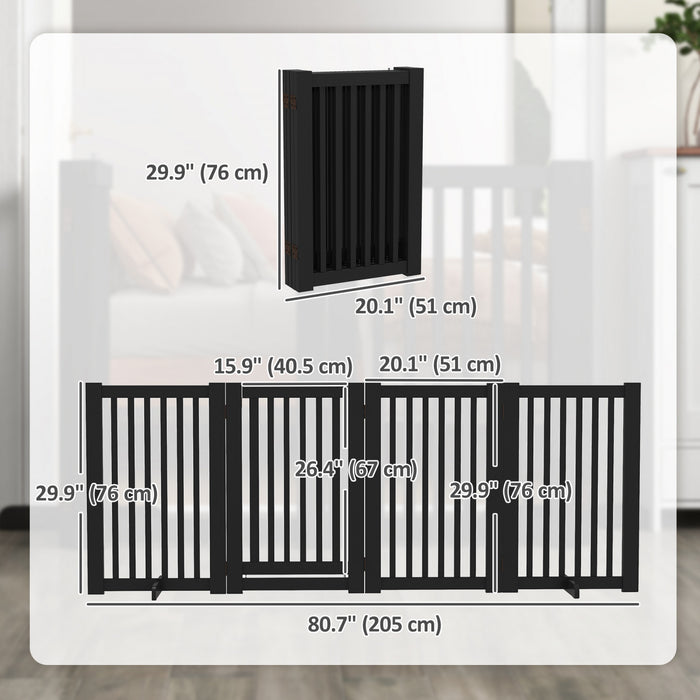 Pawhut Free Standing Wooden Pet Gate Indoor Dog Barrier Foldable Step Over Doorway Fence Safety Gate With Open Door Z Shape 4 Panel Black