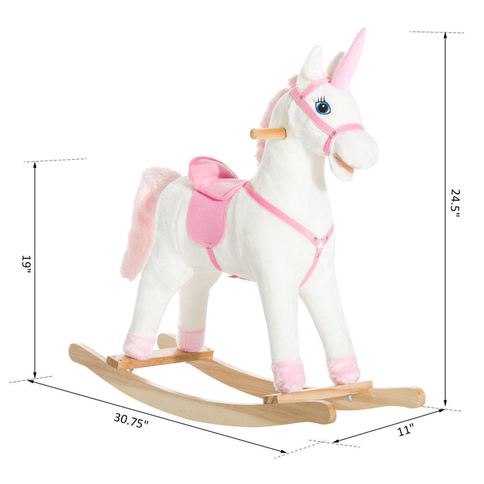 Qaba Kids Plush Toy Rocking Horse Unicorn With Realistic Sounds, White & Pink
