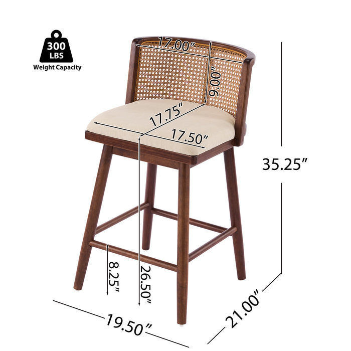Talia Wooden Counter Height Bar Stool Set of 2 with Rattan Backrest,Walnut