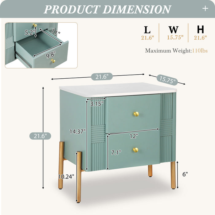 Lila Modern Nightstand with Storage Drawers and Metal Handles,Green
