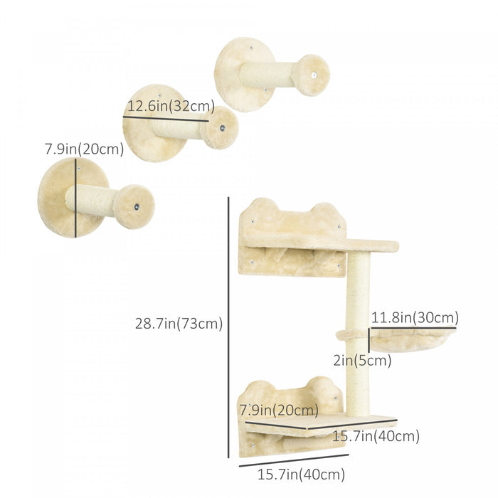 Pawhut 4pcs Cat Wall Shelf With Scratching Posts, Hammock, Setps, Platforms, Cat Shelves For Relaxing, Sleeping, Jumping, Cat Wall Climber For Indoor Cats, Beige