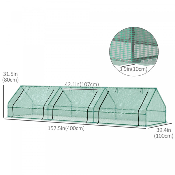 Outsunny 158\" X 39\" X 32\" Plant Greenhouse Portable Garden Seed Flower Tunnel Growing Tent 3 Large Zippered Roll-up Doors Backyard Gardening Planter Green