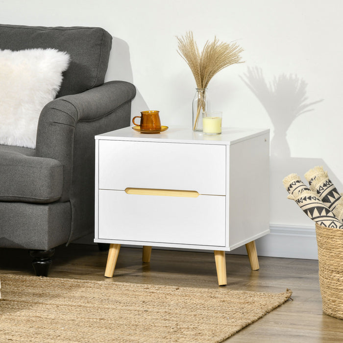 HOMCOM Bedside Table, Sofa Side Table with 2 Drawers and Wood Legs White