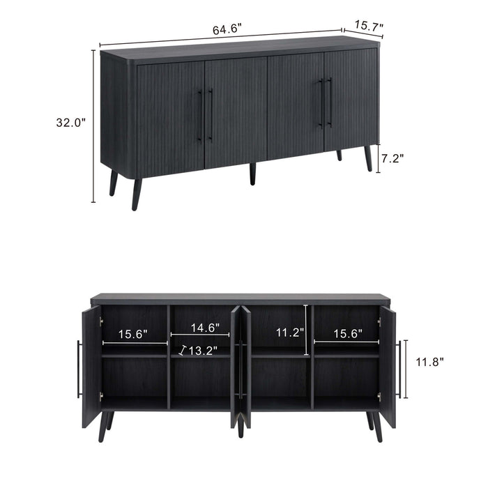 Jodie Mid-Century Modern 65\" Fluted Sideboard in Charcoal Gray Buffet
