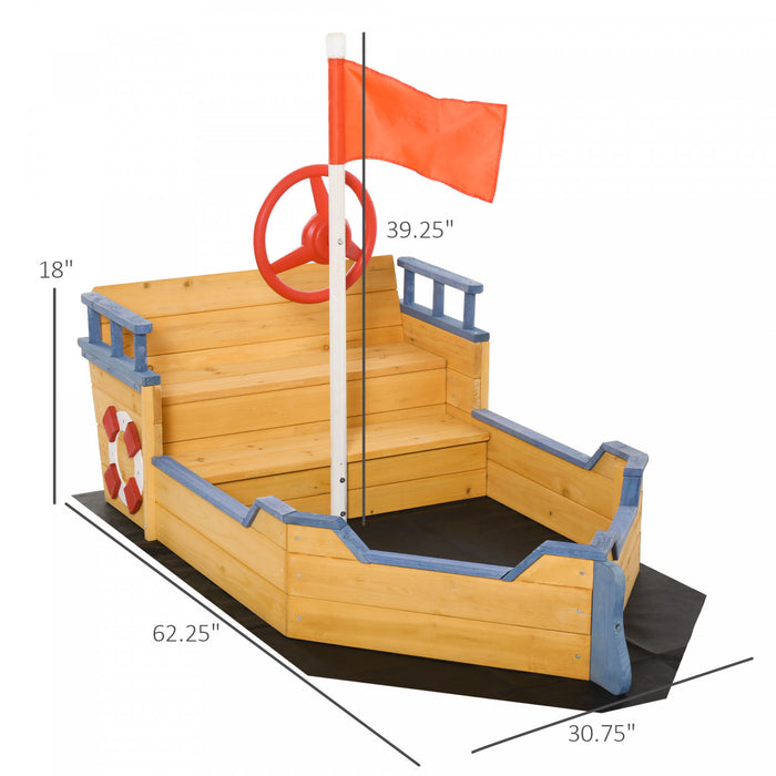 Kids Wooden Sandbox Pirate Ship Sandboat Outdoor Backyard Playset Children Play Station W/ Bench Seat Storage Space & Flag For 3-6 Years Old