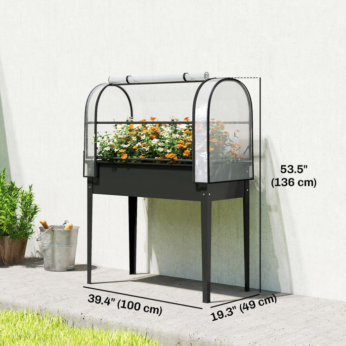 Outsunny Metal Raised Garden Bed with Flip-Up Greenhouse Cover, Black