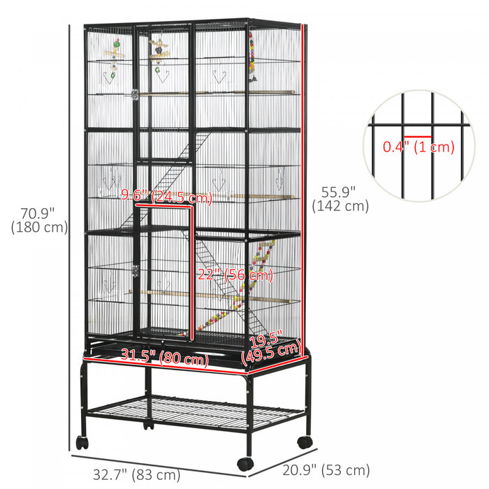 Pawhut 71\" Bird Cage, 3 Tier Large Parrot Cage With Wheels, Perches, Ramp, Storage Shelf, Toys For Canaries, Finches, Cockatiels, Parakeets, Black