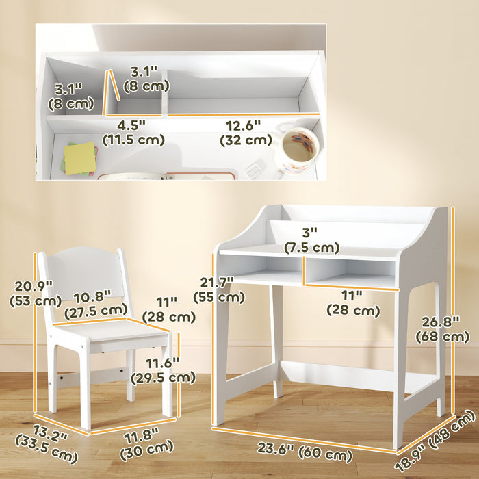 Qaba Kids Desk And Chair Set, Children School Study Table Workstation With Storage, Shelves For 3-8 Years Old, Student Writing Desk For Bedroom, White