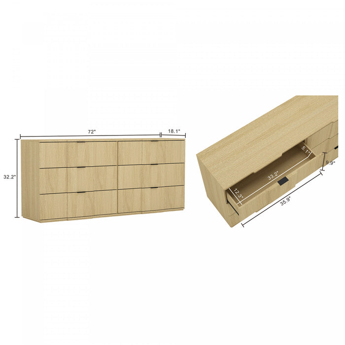 Clive Mid-Century Modern 72\" Dresser in Natural Oak (6-Drawer)