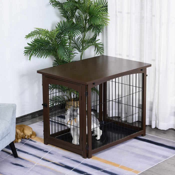 Pawhut Wooden Decorative Dog Cage Pet Crate Fence Side Table Small Animal House With Tabletop, Lockable Door, Brown
