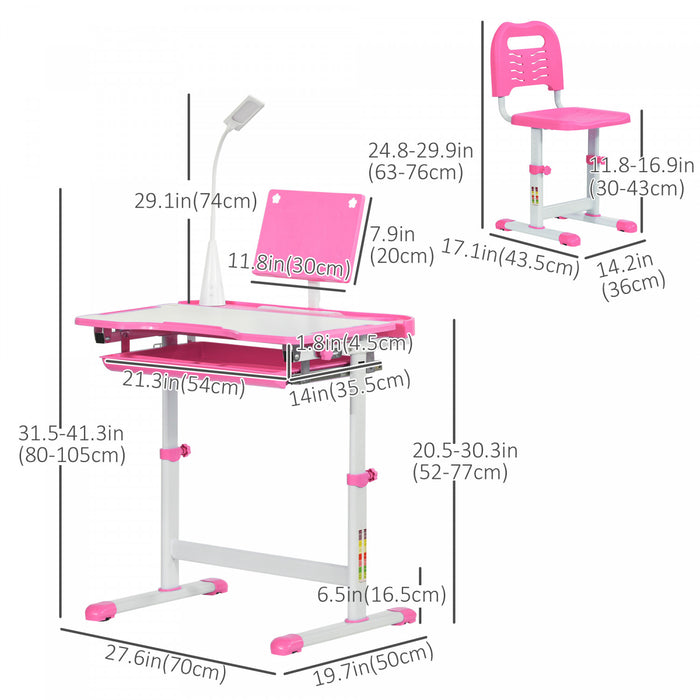 Qaba Kids Desk And Chair Set Height Adjustable Student Writing Desk Children School Study Table With Tilt Desktop, Led Lamp, Pen Box, Drawer, Reading Board, Cup Holder, Pen Slots, Pink