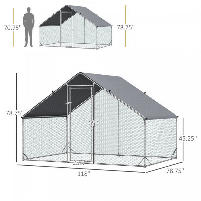 Pawhut Metal Chicken Coop, Walk-in Large Chicken Run, Poultry Cage For Backyard Hen, Duck, Rabbit With Water- And Uv-protection Cover, For 4-6 Chickens, 9.8' X 6.6' X 6.6'