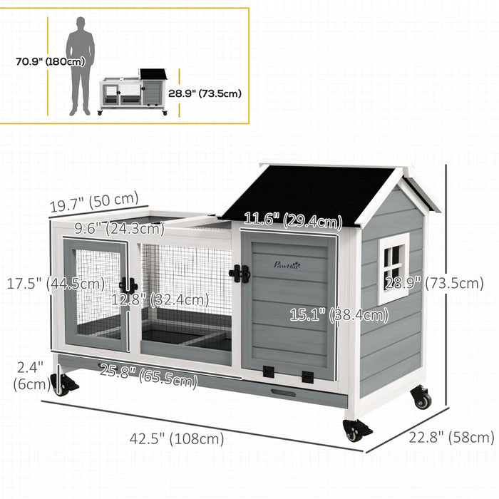 PawHut Indoor Rabbit Hutch with Wheels, Bunny Cage with Ramp, Run, Pull Out Tray, Suitable for Rabbit, Guinea Pig, Grey