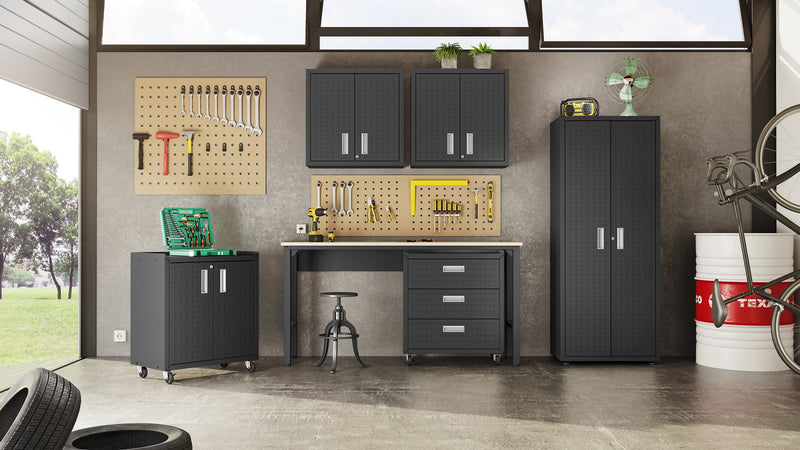 Manhattan Comfort Fortress Textured Metal 31.5\" Garage Mobile Chest with 3 Drawers - Charcoal Grey