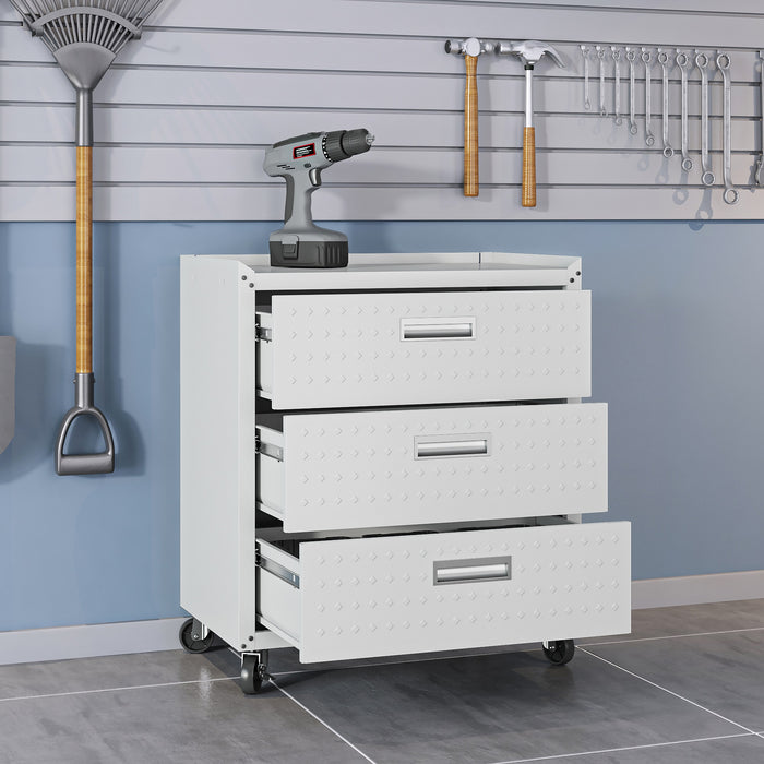 Manhattan Comfort Fortress Textured Metal 31.5\" Garage Mobile Chest with 3 Drawers - White