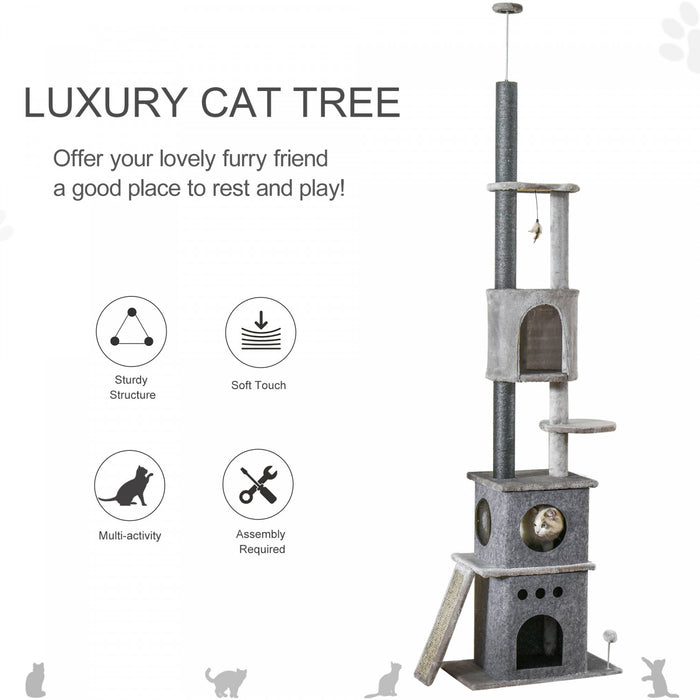 Pawhut 89\"-100\" Floor To Ceiling Cat Tree 6-tier Cat Climbing Tower Adjustable High With Scratching Post Board, Ramp, Cat Condo, Perch, Toy Ball, For Indoor Cat, Light Grey