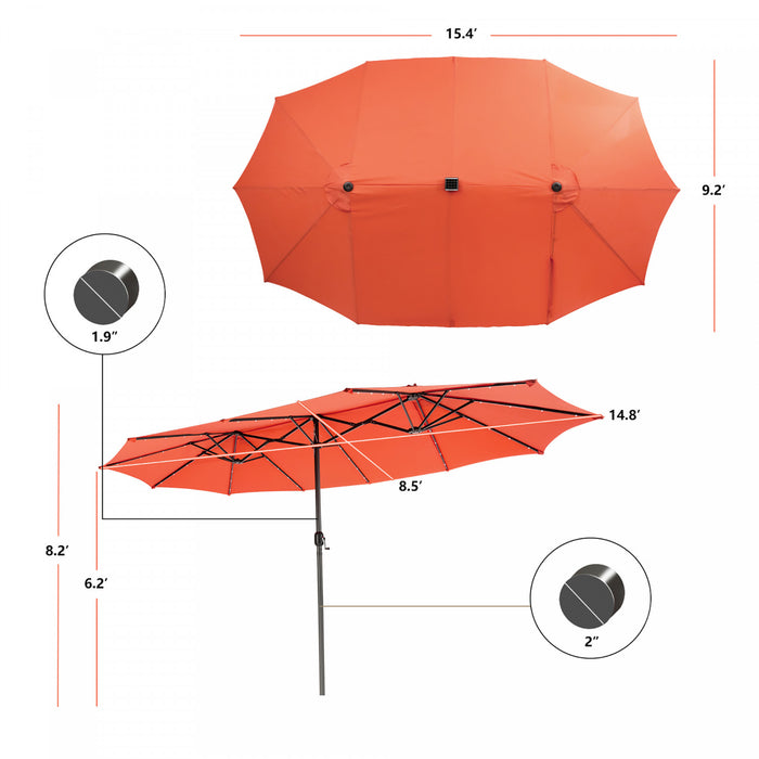 Costway 15FT Twin Patio Double-Sided Umbrella 48 Solar LED Lights Crank Outdoor Orange