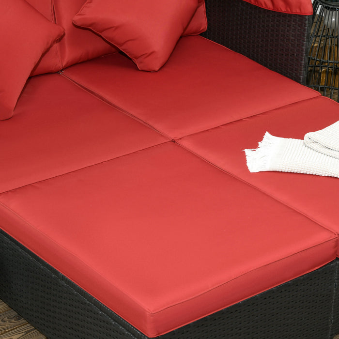 Outdoor Double Lounge Daybed W/ Awning & Cushion Sun Lounger, Red