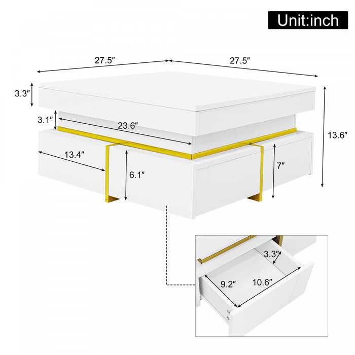 Ava High-Gloss Coffee Table with Storage Drawers and Gold Accents,White