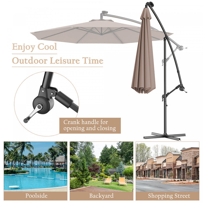 Costway 10' Hanging Solar LED Umbrella Patio Sun Shade Offset Market W/ Base Tan