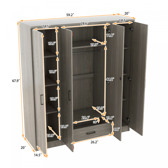Christ 59.2\" 4-door Wooden Wardrobe With Drawer And Hanging Storage, Grey