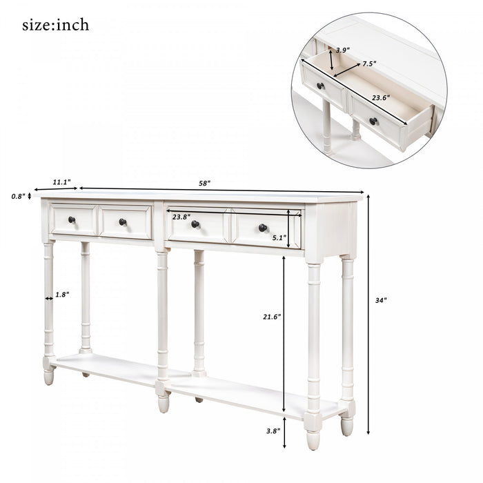 Phyllis Solid Wood Console Table With Drawers And Bottom Shelf - Ivory White