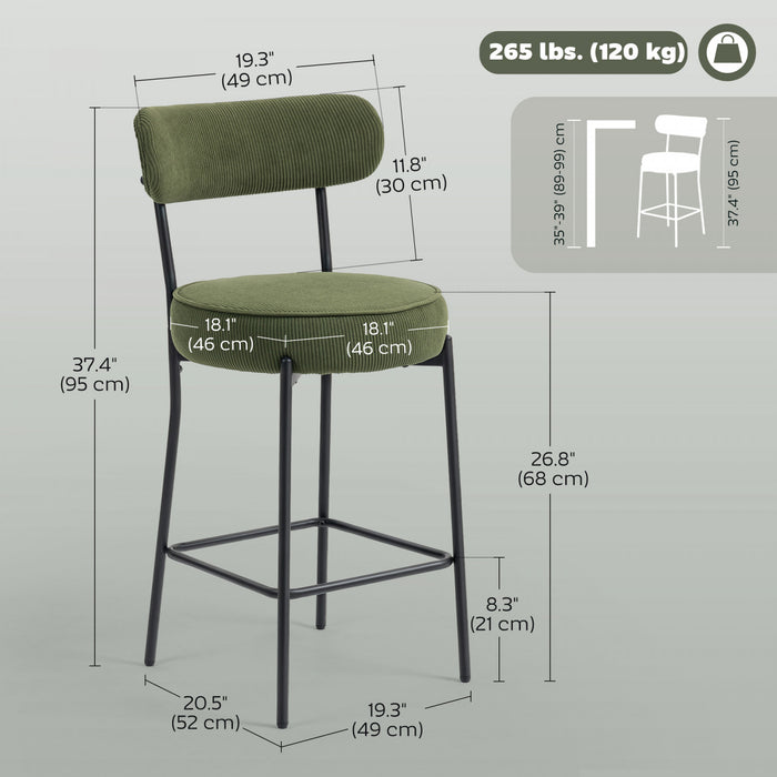 HOMCOM Modern Bar Stools Set of 2 27\" Counter Height Barstools, Green