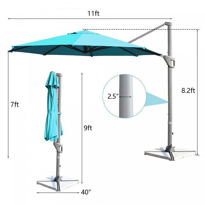Costway 11ft Patio Offset Umbrella Cantilever Rotation Aluminum Tilt Cross Base Turquoise