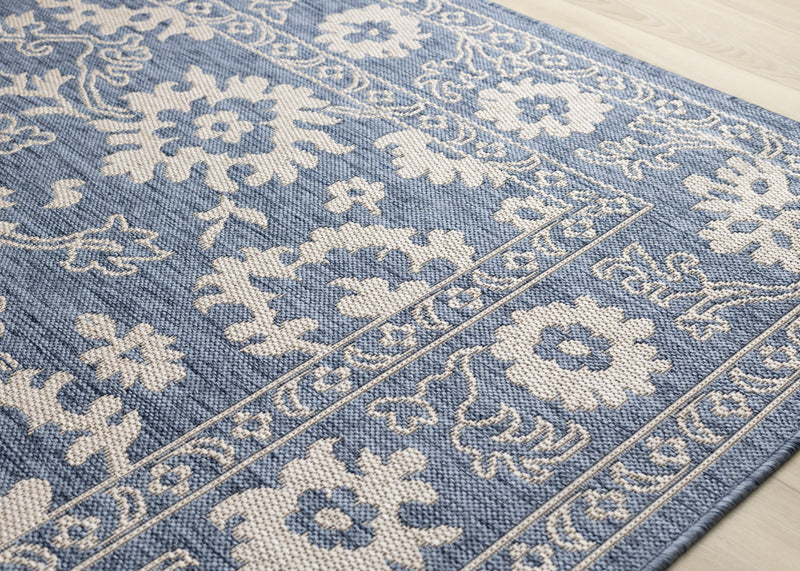 Cabana Blue White Elegant Border Outdoor Rug, 7'10\" x 10'6\" Outdoor Area Rug