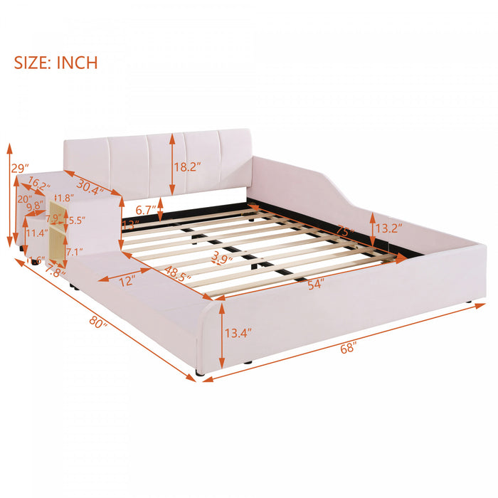 Lily Velvet Upholstered Grounded Bed with Desk and Stool,Full Size,Pink Full Bed