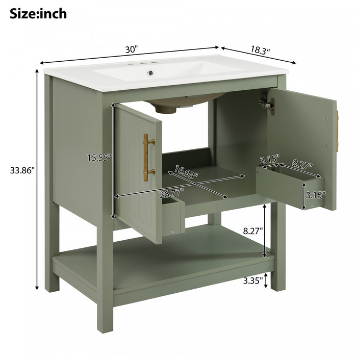 Simona 30\" Solid Wood Bathroom Vanity With Ceramic Sink And Storage - Green