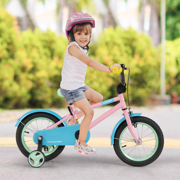 Costway 14\" Kids Bike With Adjustable Saddle Handlebar Removable Training Wheels Handbrake Pink