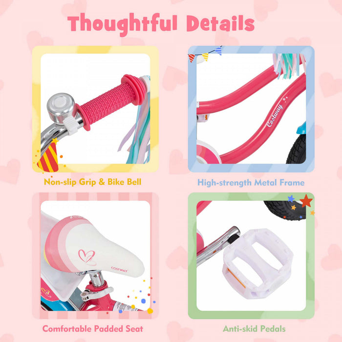 Costway 14 Inch Kids Bike With Basket Doll Seat & Colorful Streamers 2 Training Wheels Pink