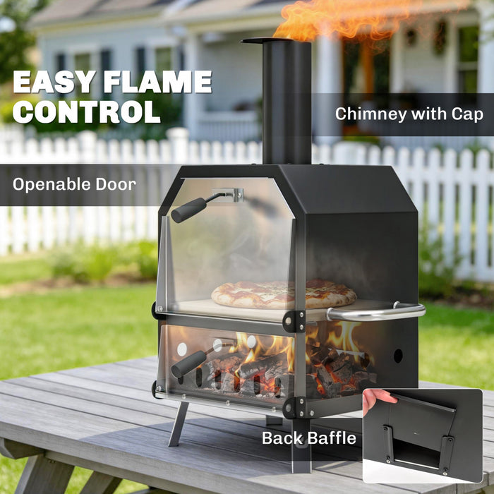Outsunny Outdoor Pizza Oven with 12\" Stone, Peel, Wood Fired 2-Layer Portable Stainless Steel Pizza Maker with Foldable Legs, Handles for Backyard Camping Party Picnic BBQ