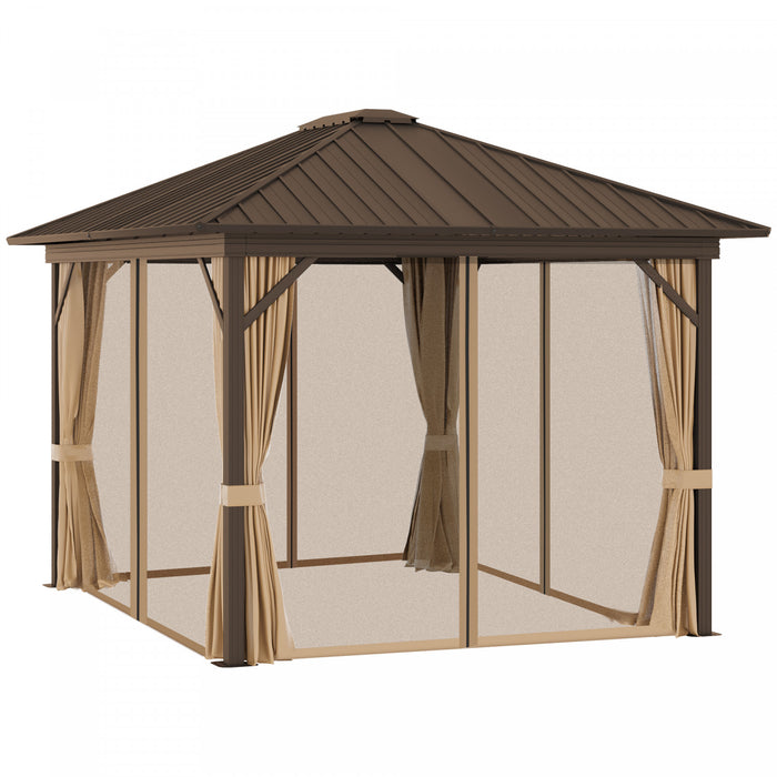Outsunny 10' X 12' Patio Gazebo Outdoor Hardtop Gazebo With Aluminum Frame, Mesh Nettings, Curtains And Roomy Interior Space, Brown