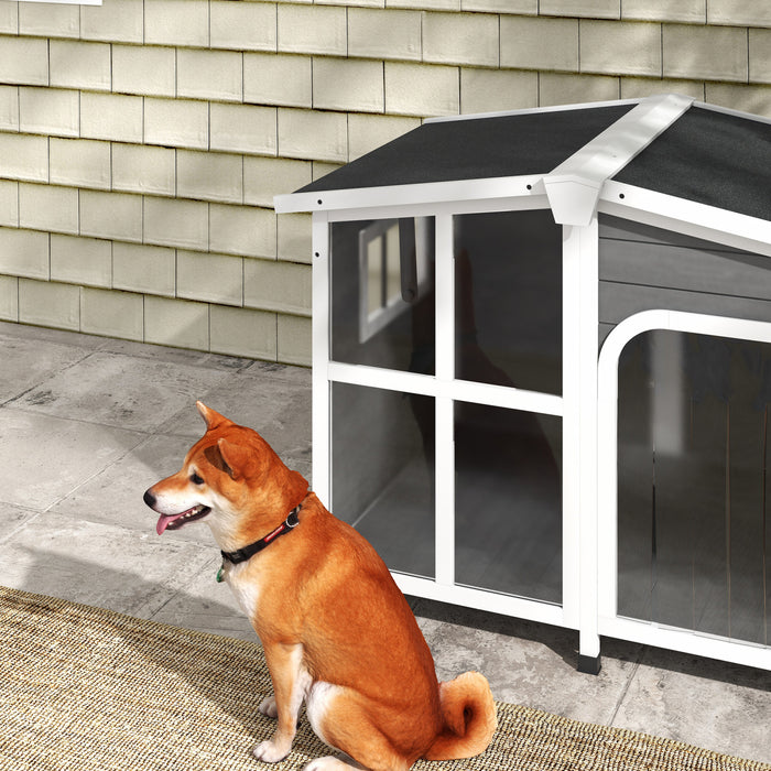 Pawhut Wooden Dog House Outdoor With Removable Bottom, Cabin Style Raised Pet Kennel, With Openable Asphalt Roof, Door Curtain, Side Windows For Large Sized Dog, 88 Lbs., Dark Gray