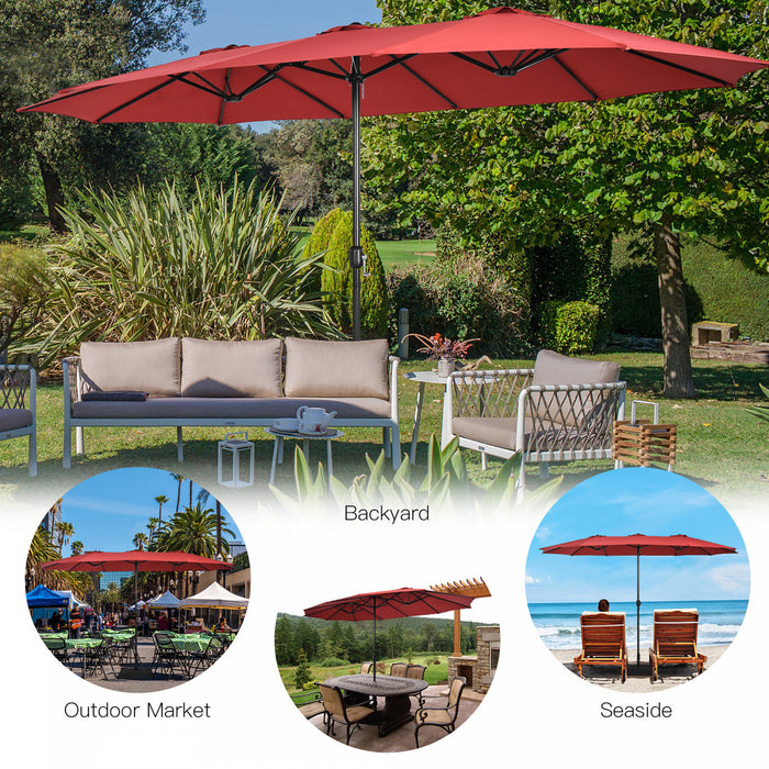 Costway 15FT Double-Sided Twin Patio Umbrella Outdoor Market W/ Crank & Base Wine